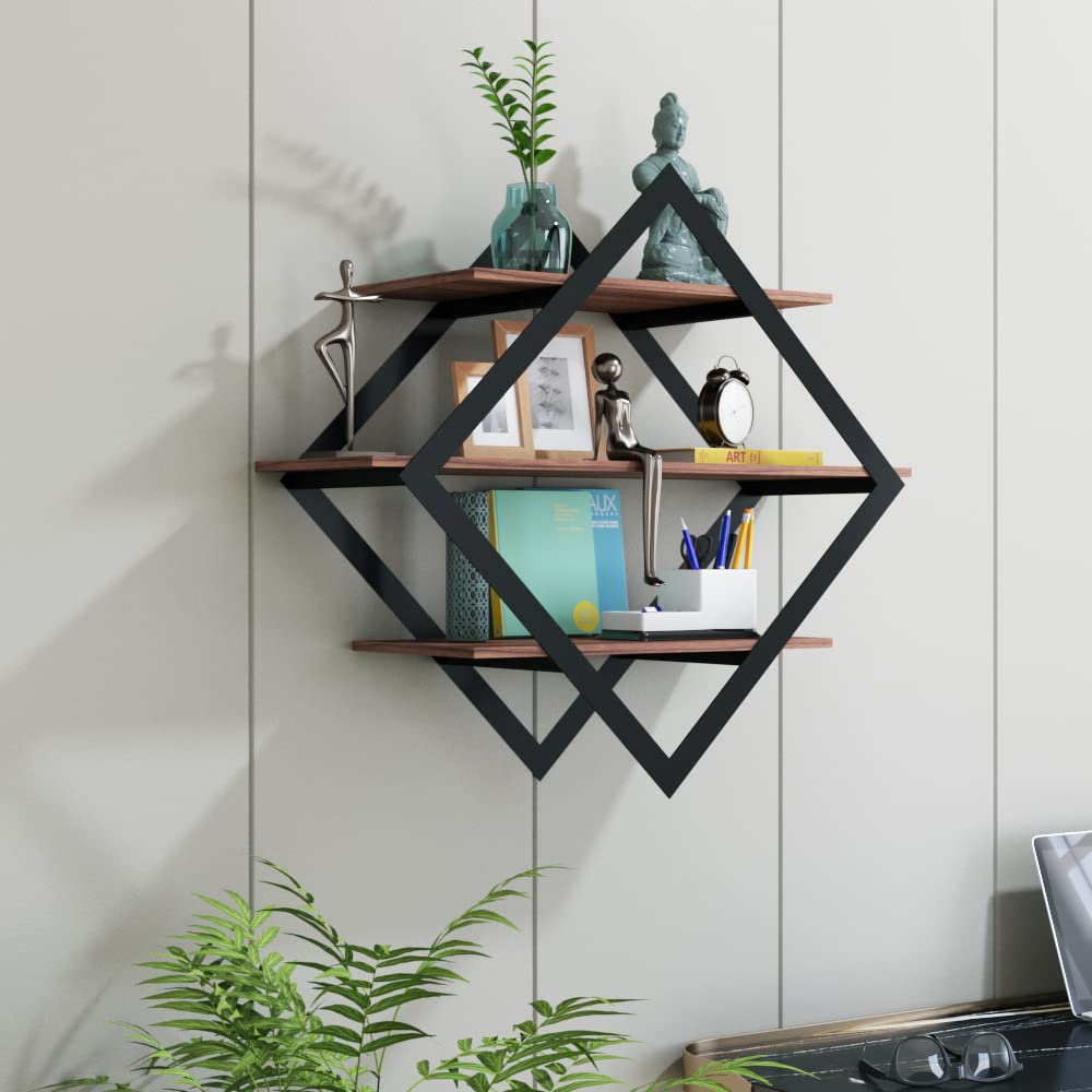 Klaxon Avery 3-Tier Wood & Metal Wall Shelf – Asian Walnut & Black