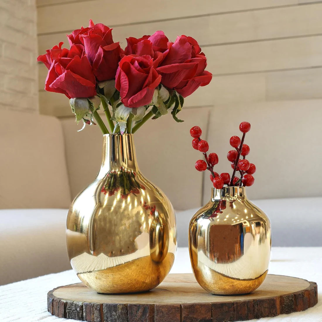 Decorative Golden Metal Flower Vase Set of 2