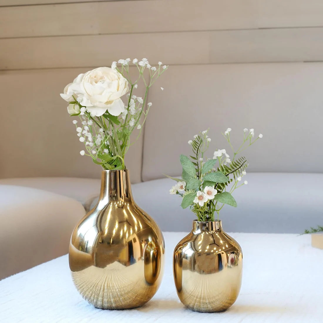 Decorative Golden Metal Flower Vase Set of 2