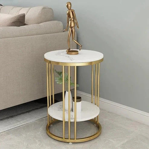 Anasay Two-Layer Marble-Finish Wooden Top Side Table with Iron Stand