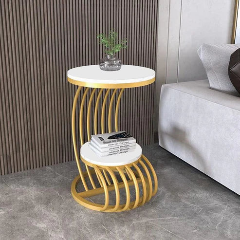 Anasay Premium Golden Metal Side Wooden Top Table with Marble Finishing