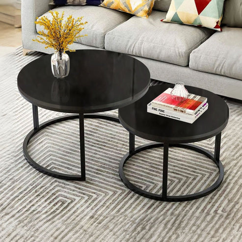 Classic Black with Black Marble Finish wooden Top Round Coffee Table Set of 2