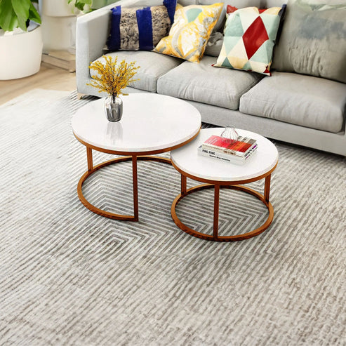 Anasay Classic Style White Round Coffee Table Set of 2 with Marble Finishing Wooden Tops