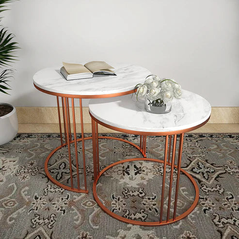Anasay Classic Copper Tethered Marble-Finish Wooden Top Nesting Table Set of 2