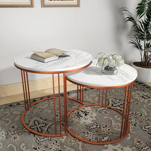 Anasay Classic Copper Tethered Marble-Finish Wooden Top Nesting Table Set of 2
