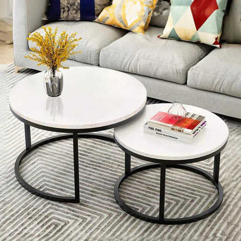 Classic White with Black Marble Finish Wooden Top Round Coffee Table Set of 2