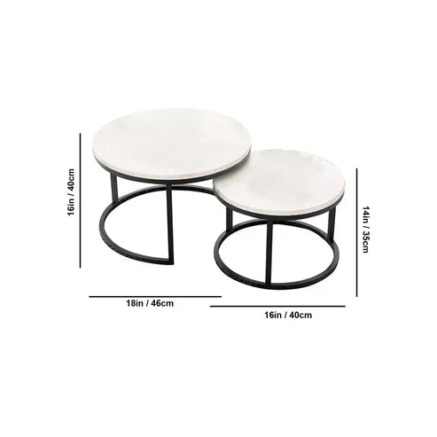 Anasay Classic Round Coffee Table Set of 2 with White Marble Finishing Wooden Tops & Golden Metallic Base