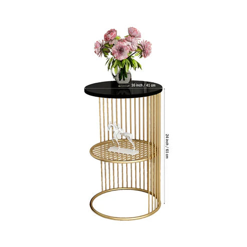 Anasay Golden Half-Caged Marble-Finish Wooden Top Round Side Table