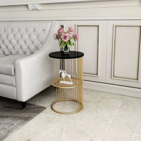 Anasay Golden Half-Caged Marble-Finish Wooden Top Round Side Table