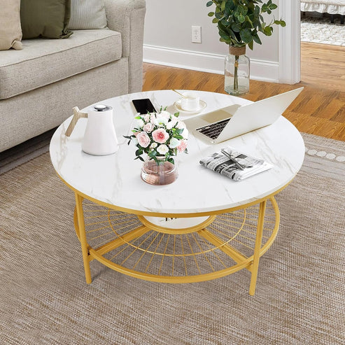 Anasay Designer Round Modern Center Table with White Marble Finishing Wooden Top & Golden Metal Base