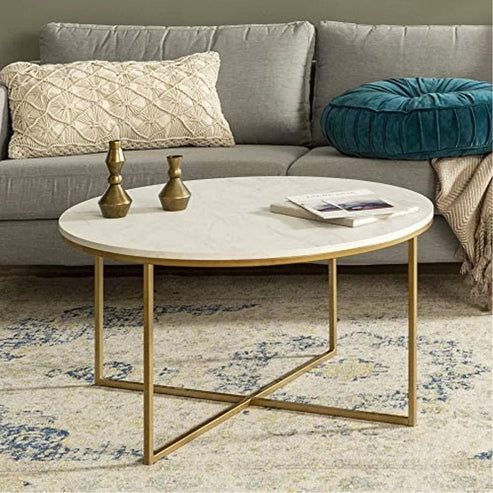 Anasay Criss-Cross Golden Marble-Finish Wooden Top Center Table