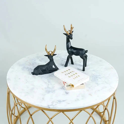 Anasay Luxurious Designer Round Shape Center Table with White Marble Finishing Wooden Top  Top & Golden Base