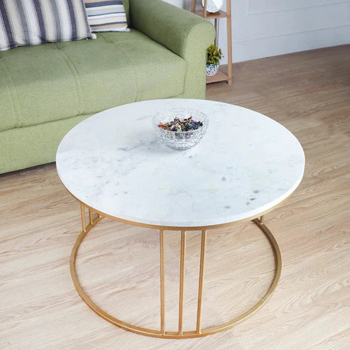 Anasay Luxury Round Marble-Finish Wooden Top Center Table with White Matte Metal Base