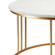 Anasay Luxury Round Marble-Finish Wooden Top Center Table with White Matte Metal Base