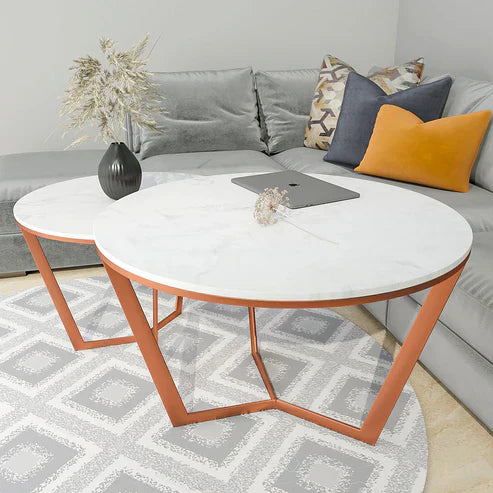 Anasay Copper Luxe Marble-Finish Wooden Top Nesting Center Table Set of 2