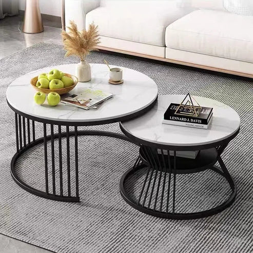 Anasay Modern Black Metal Marble-Finish Wooden Top Coffee Table