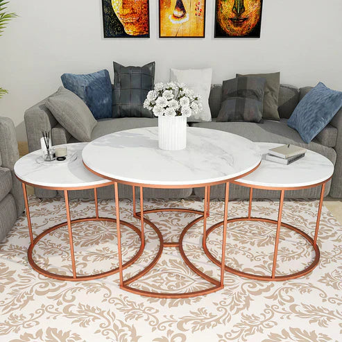 Anasay Premium Copper Marble-Finish Wooden Top Nesting Table Set of 3