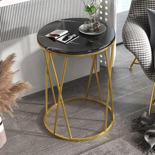Anasay Designer Golden Marble-Finish Wooden Top Side Table – Black Round Top