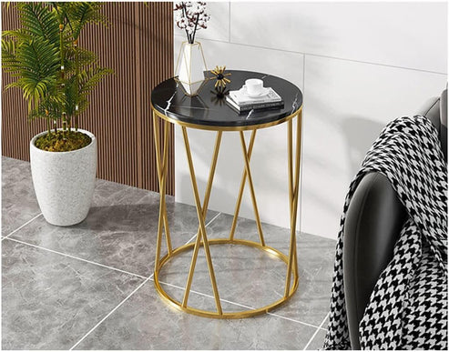 Anasay Designer Golden Marble-Finish Wooden Top Side Table – Black Round Top