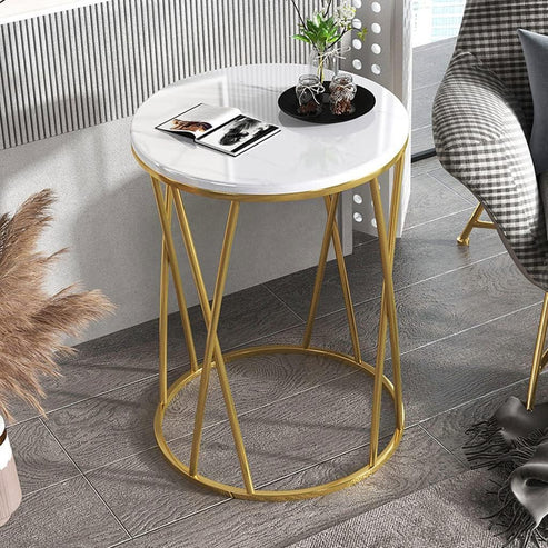 Anasay Designer Golden Marble-Finish Wooden Top Round Side Table