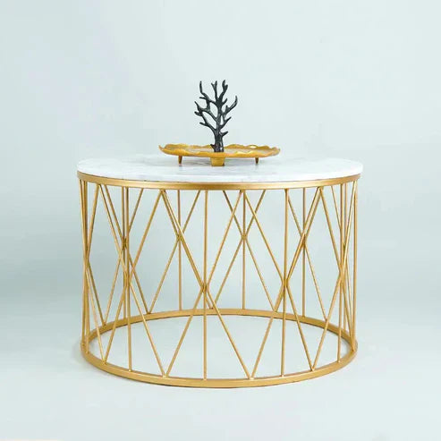 Anasay Premium Designer Round Shape Center Table with White Marble Finishing Wooden Top & Criss-Cross Base