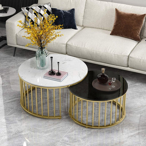 Anasay Premium Golden Caged Marble-Finish Wooden Top Table Set of 2