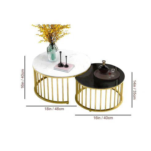 Anasay Premium Golden Caged Marble-Finish Wooden Top Table Set of 2