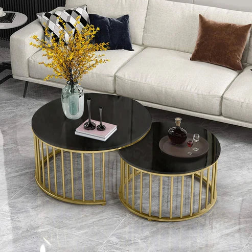 Premium Golden Caged with Black Marble finish Wooden Top Table Set of 2