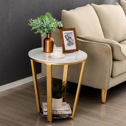Anasay Premium Golden Tapered Coffee Table Marble Finish Wooden Top