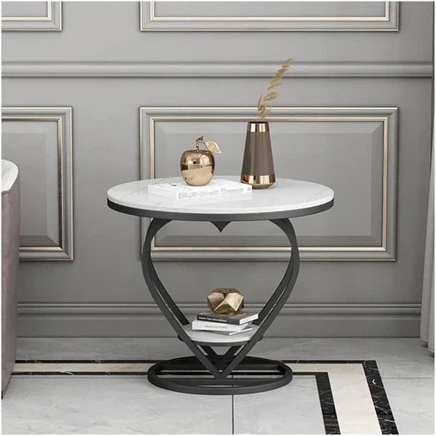 Anasay Premium Modern Heart Shaped Side Table with White Marble Finishing Wooden Top & Black Metal Frame
