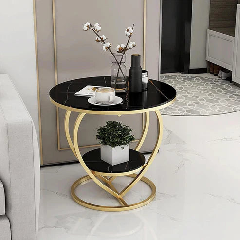Anasay Premium Modern Heart Shaped Side Table with Black Marble Finishing Wooden Top & Golden Metal Frame