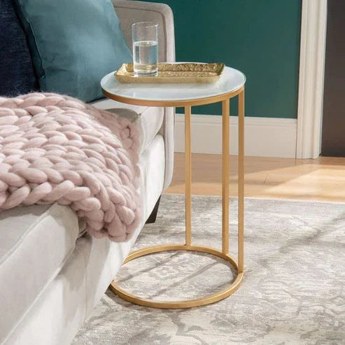 Anasay Compact Golden Marble-Finish Wooden Top Round Side Table