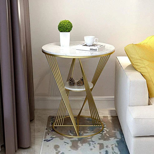Anasay Natural Marble finish Wooden Top Designer Metal Side Table