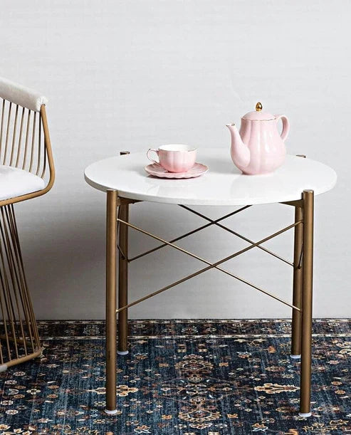 Anasay Premium Round Shape Center Table with White Marble Finishing Wooden Top