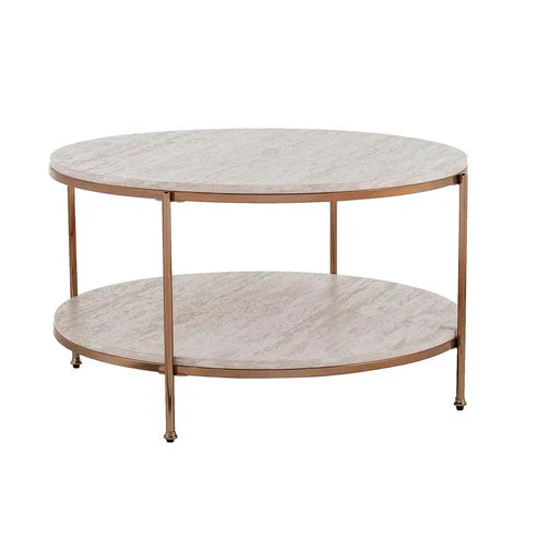 Anasay Copper-Toned Marble-Finish. Wooden Top Round Coffee Table with Golden Edge