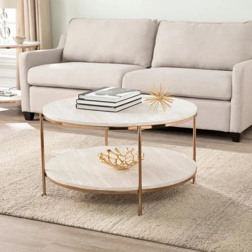 Anasay Copper-Toned Marble-Finish. Wooden Top Round Coffee Table with Golden Edge