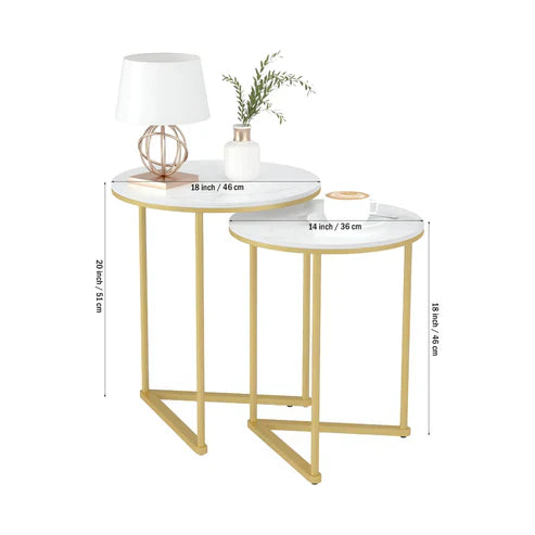 Anasay Round Shape Iron Stand Side Wooden Top Table Set of 2 with Marble Finishing wooden Tops