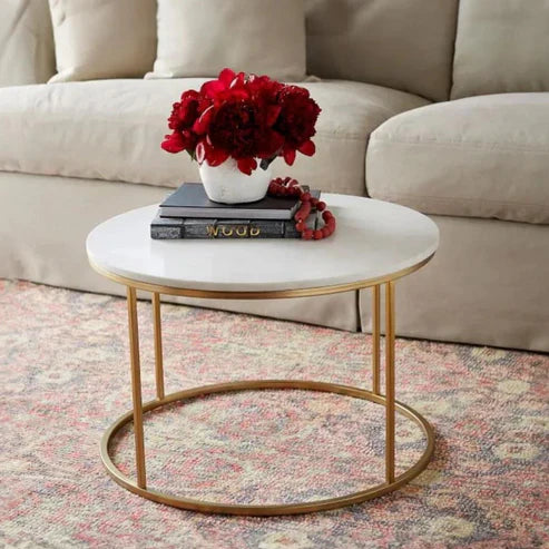 Anasay Premium Round Shaped Center Table with White Marble Finishing Wooden Top & Golden Stand