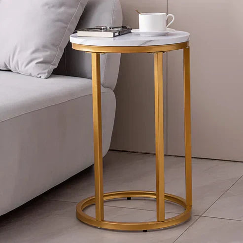 Anasay Rounded Shape End Side Wooden Top Table with Golden Metal Frame