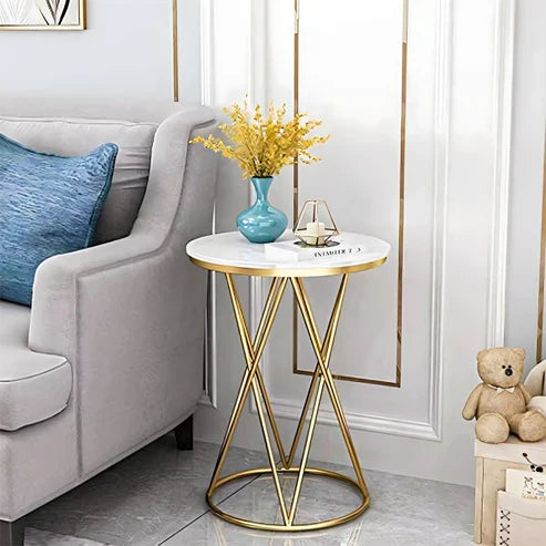 Anasay Designer Golden Marble-Finish Wooden Top Round Side Table