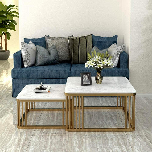 Square Tethered Metallic Marble Finish Wooden Top Table Set of 2