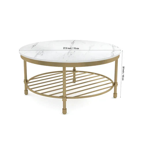 Anasay Two-Tier Round Coffee Table with White Marble Finishing Wooden Tops