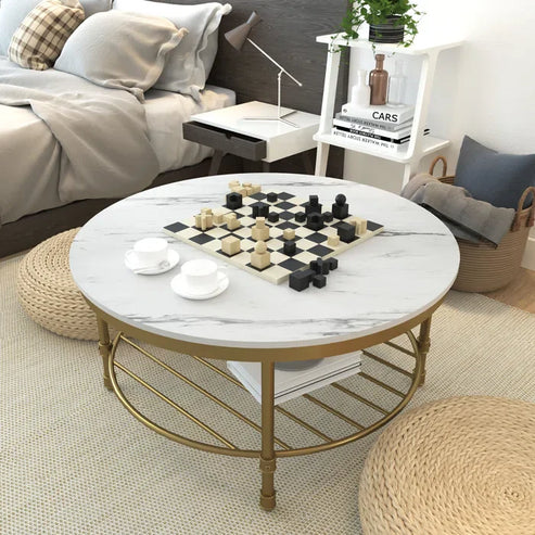 Anasay Two-Tier Round Coffee Table with White Marble Finishing Wooden Tops