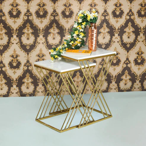 Anasay White Marble Finishing Wooden Top with Golden Iron Stand Side Coffee Table Set of 2