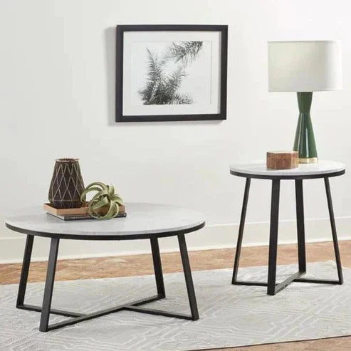 Anasay White Marble Round Coffee Table Set of 2 with Faux Marble Finishing Wooden Tops