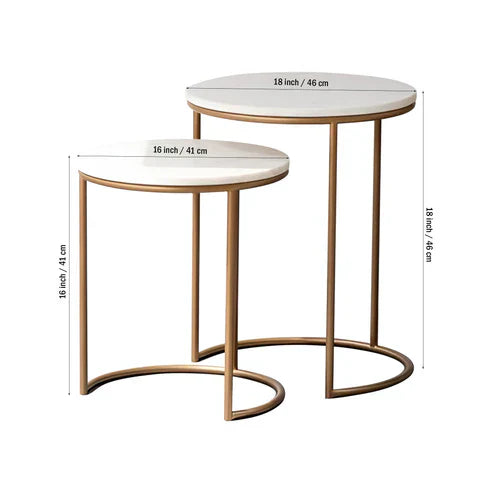 Anasay White Marble-Finish Wooden Top Coffee Table Set of 2 with Iron Stand Base